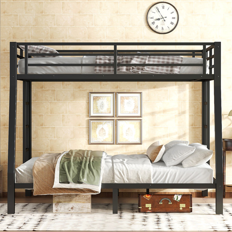 Lit double superposé au-dessus de grand lit en métal pour les adolescents et les adultes, économie d'espace / bruit réduit / aucun sommier requis, noir