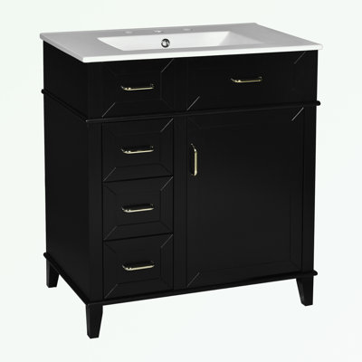 Bathroom Vanity with Ceramic Sink, Adjustable Shelf, one Door and Three  Drawers