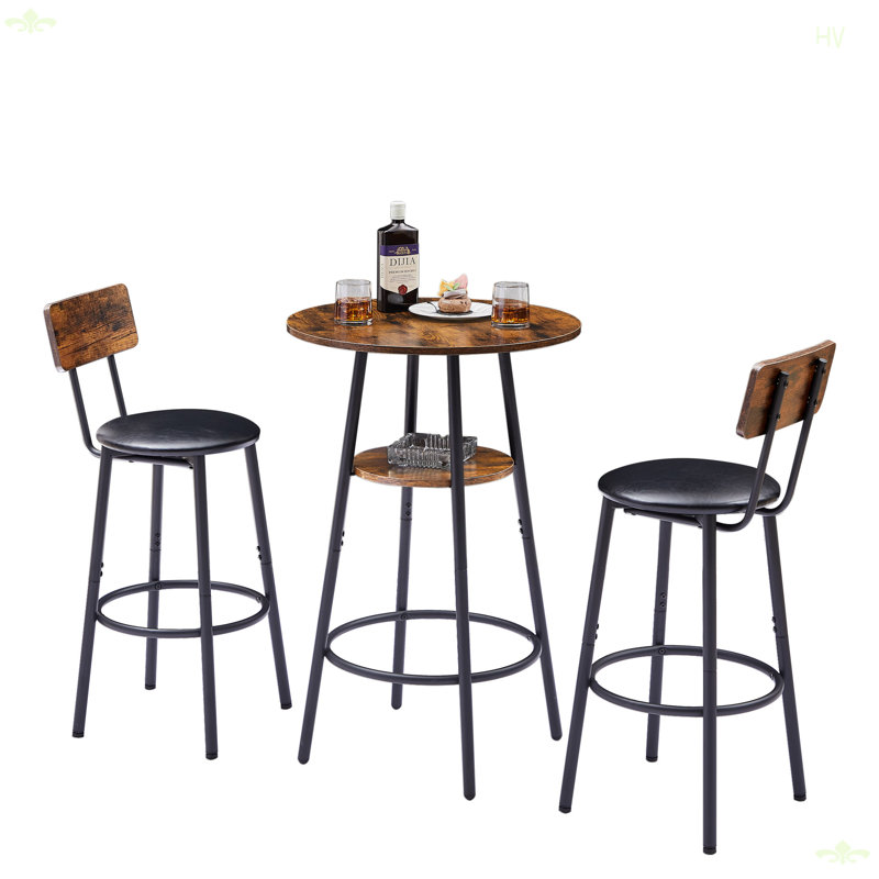 Round Bar Stool Set With Shelf, Upholstered Stool With Backrest