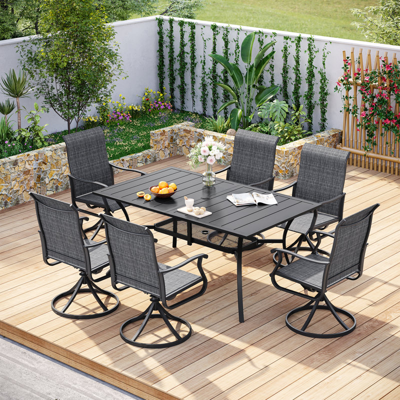 6-Person Patio Dining Set with Rectangular Dining Table and 6 PVC-coated polyester Swivel Chairs, Dark Gray