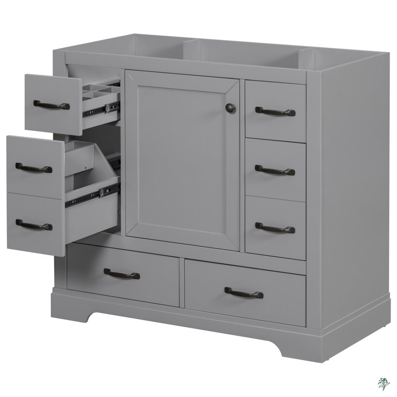 Meuble-lavabo 36 po sans lavabo, base d'armoire seulement, six tiroirs, tablette réglable, Gris / Noir