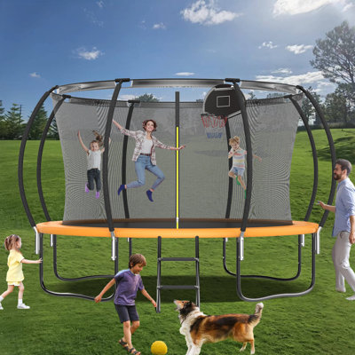 12FT Round Backyard Tranpoline with Safety Enclosure Net and T-Hook for Kids and Adults