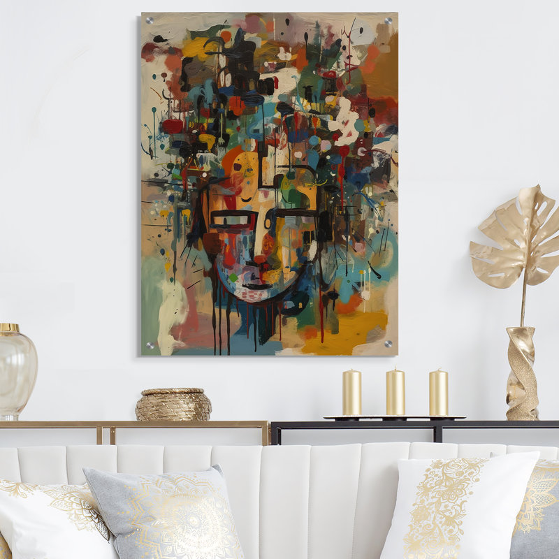 «Abstract Face Portrait II», art mural acrylique abstrait à l'encre liquide pour le salon, H 20 po x l 12 po