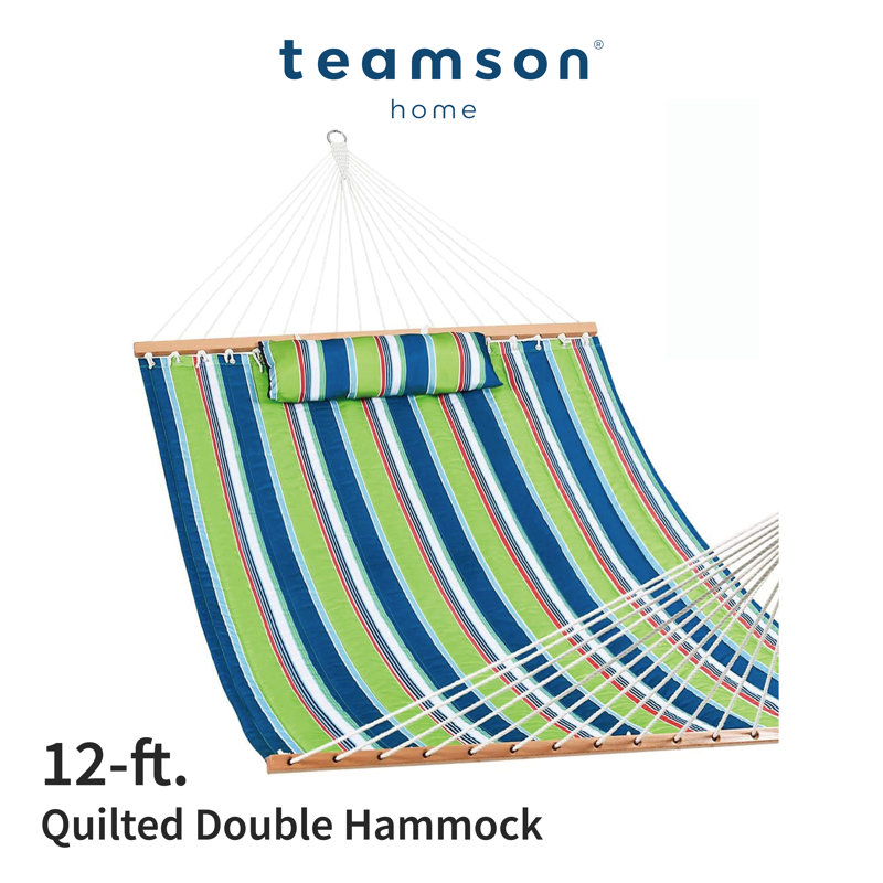 Lazy Daze Quilted Double Hammock with Detachable Pillow – 12 ft, Green/Blue