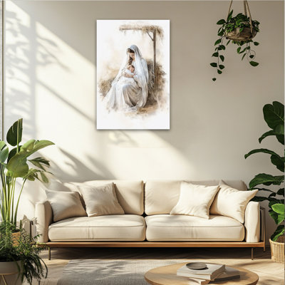 Nativity Canvas Wall Art Mary and Jesus in Manger Spiritual Canvas Prints Religious Poster Painting Christmas Birth of Jesus Picture Framed Artwork Home Church Wall Decor, 12×16 Inches