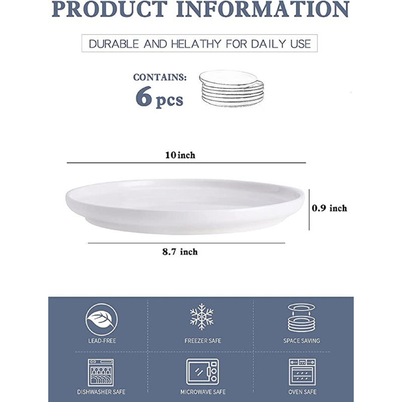 Assiettes plates en porcelaine - 10 po - ensemble de 6 assiettes blanches, allant au micro-ondes et au lave-vaisselle