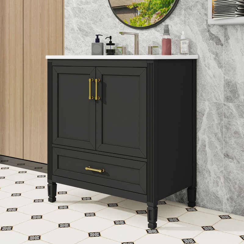 Meuble-lavabo autoportant élégant avec lavabo en céramique, rangement à fermeture en douceur et porte à double couche, Black