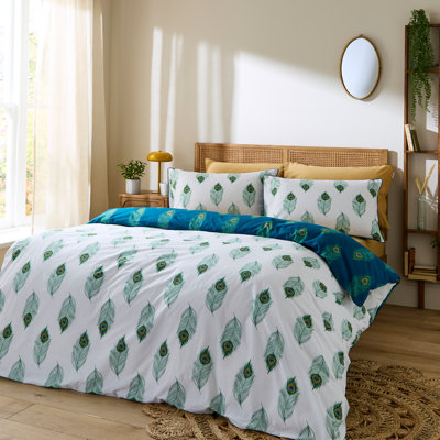 Peacock Feather Cotton Animal Print Duvet Cover Set with Pillowcases Included