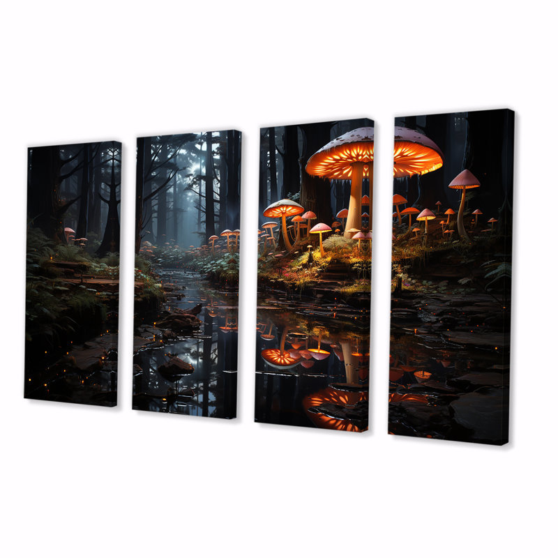 «Muschroom Dreamscape Forest III - Fantasy», art mural sur toile 4 pièces, H 32 po x l 64 po
