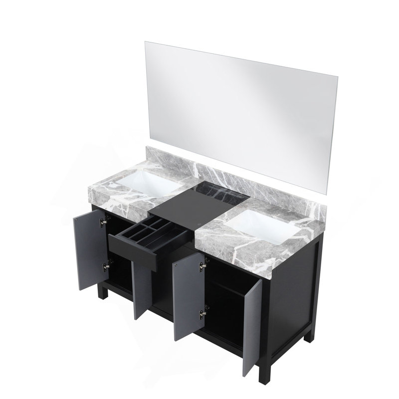 Meuble-lavabo double noir et gris 55 po X P 22 po D, dessus en marbre gris château et Miroir, H 34 po x l 55 po x P 22 po