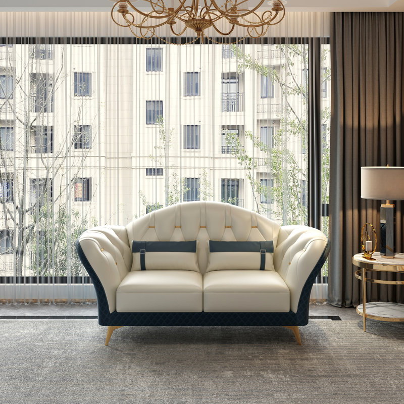 Amalia Loveseat, White/Blue Genuine Leather