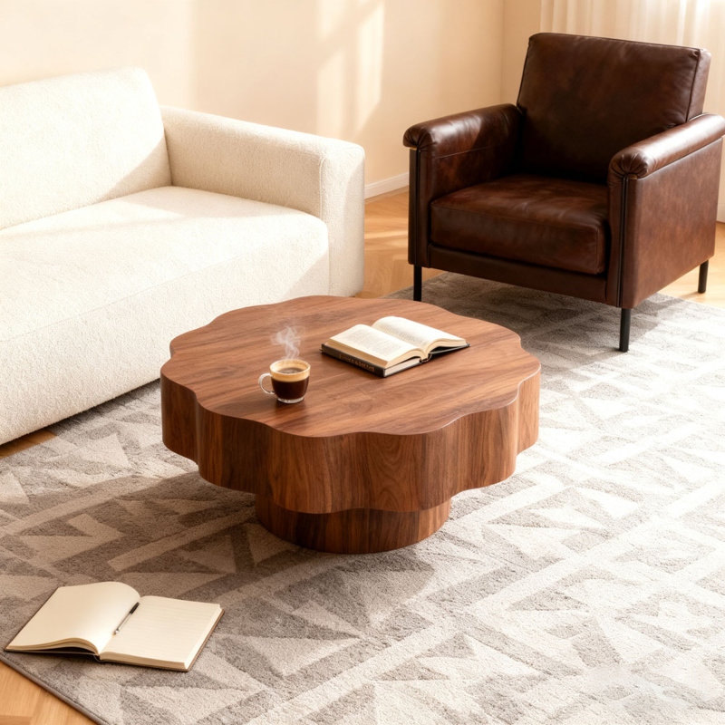 31.5" Scalloped Edge Coffee Table - Walnut MDF Wood Grain Sticker Center Table, Modern Irregular Round Coffee Table for Living Room/Bedroom