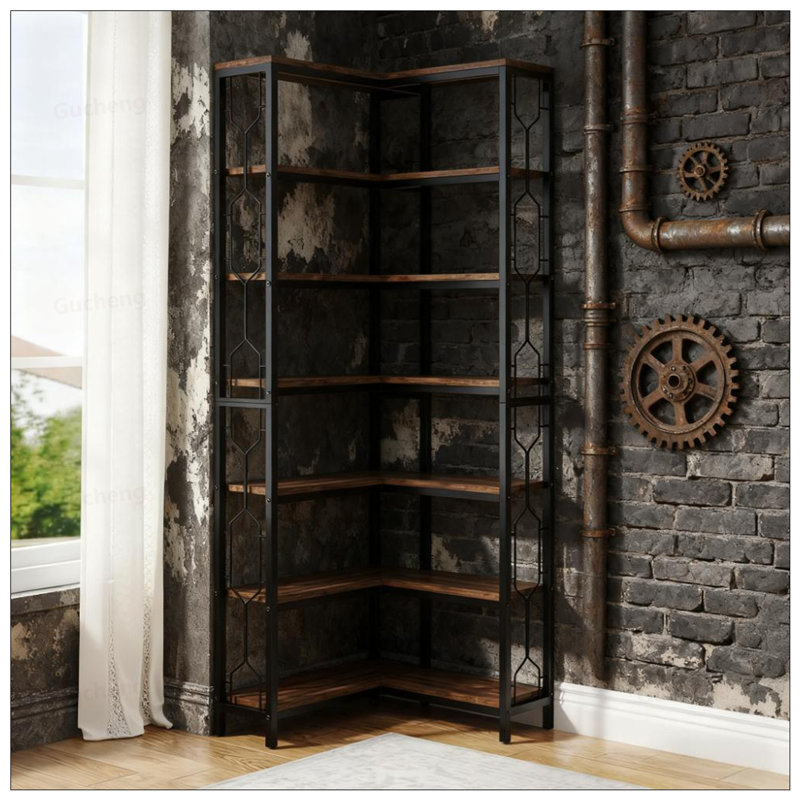 7-Tier Industrial Corner Bookshelf With L-Shaped Design For Maximum Space Efficiency And Storage
