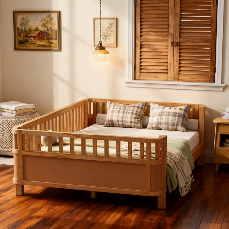 Full Size Wood Platform Bed for Kids, Wood Low Profile Full Bed with Rails for Girls and Boys, Natural (Patented Design)