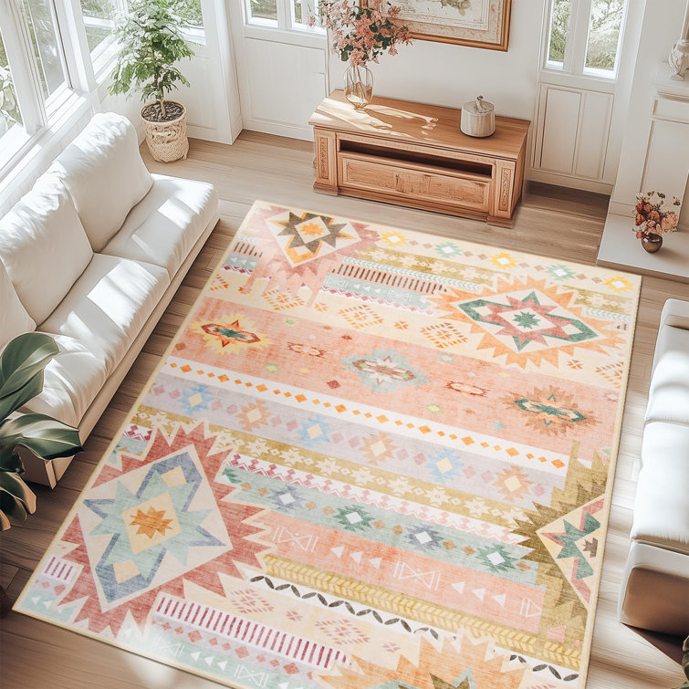 Wymond  Machine Washable Moroccan Area Rug Aztec Geometric Carpet With Non-Slip Backing