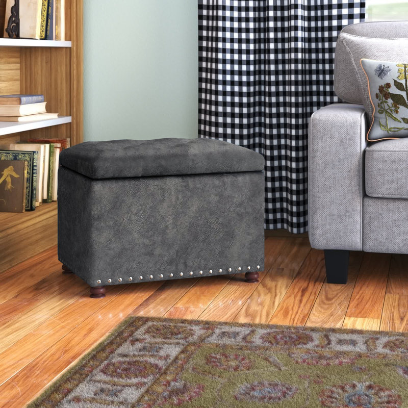 Gray Tufted Fabric Storage Ottoman with Nailhead Trim