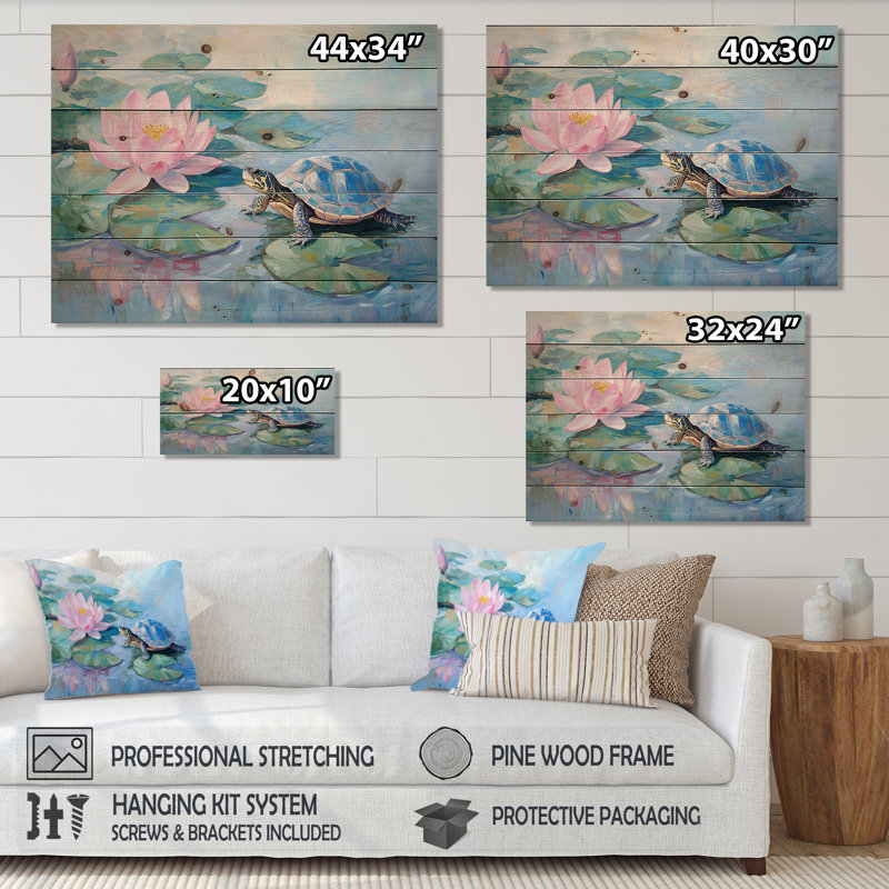 Tortue dans le nénuphar V - décoration murale moderne en bois sur bois de pin naturel, 34" H x 44" W