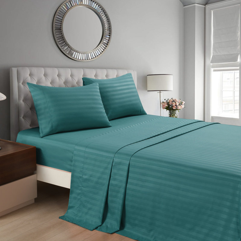 3/4 Pcs Luxury Striped Bed Sheets Set, Teal, King Sheet Set with 2 Pillowcases