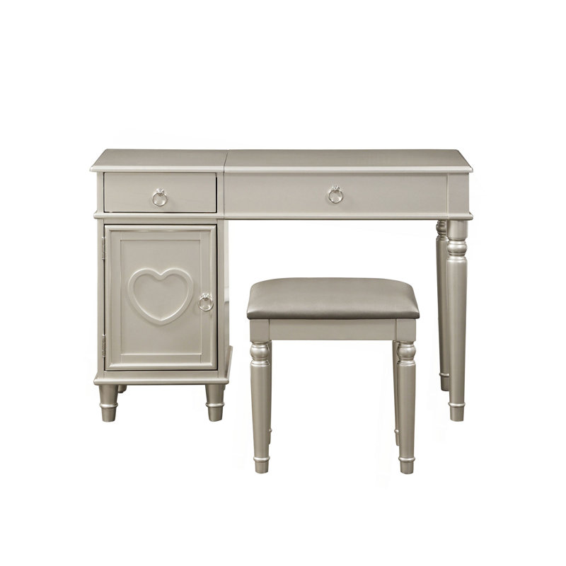 Ensemble de meuble-lavabo de chambre à coucher avec tabouret à tiroirs ouverts, Argent