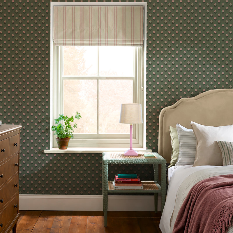Joules Wood Block Floral Grasscloth/Brown Wallpaper, Green
