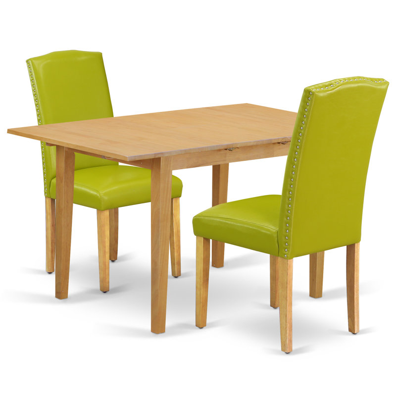 3 Piece Dining Room Table Set Contains a Rectangle Kitchen Table with Butterfly Leaf and 2 Autumn Green Faux Leather Parsons Chairs, Oak