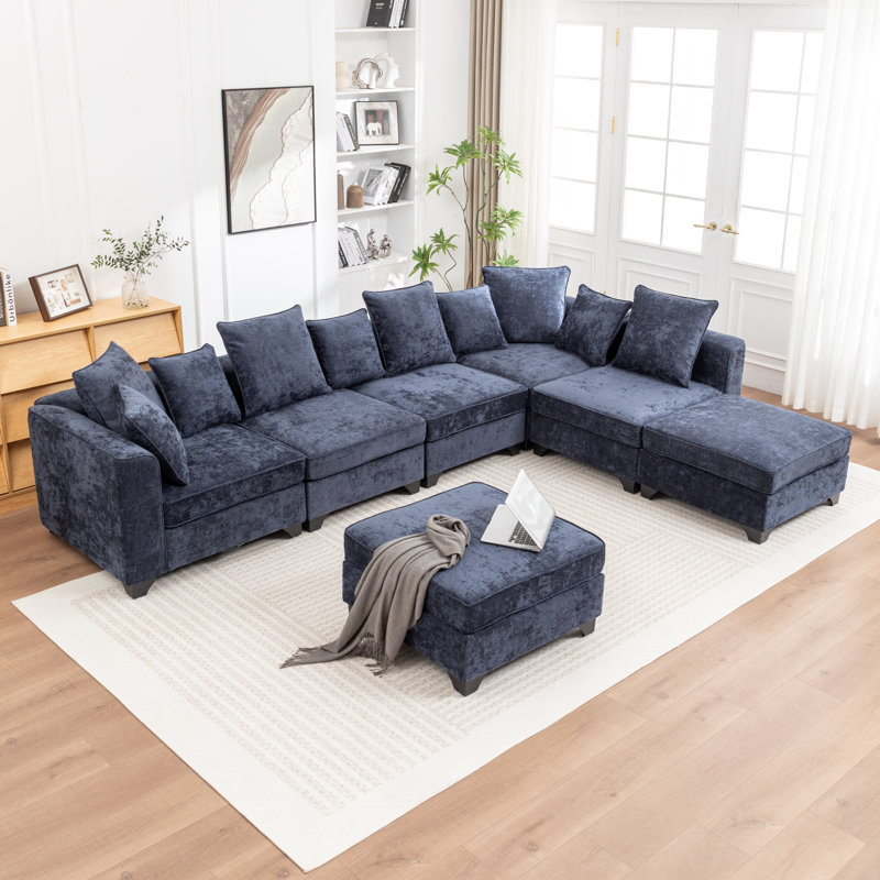 Bennett 7-Piece L-Shaped Sectional Sofa, Blue Chenille