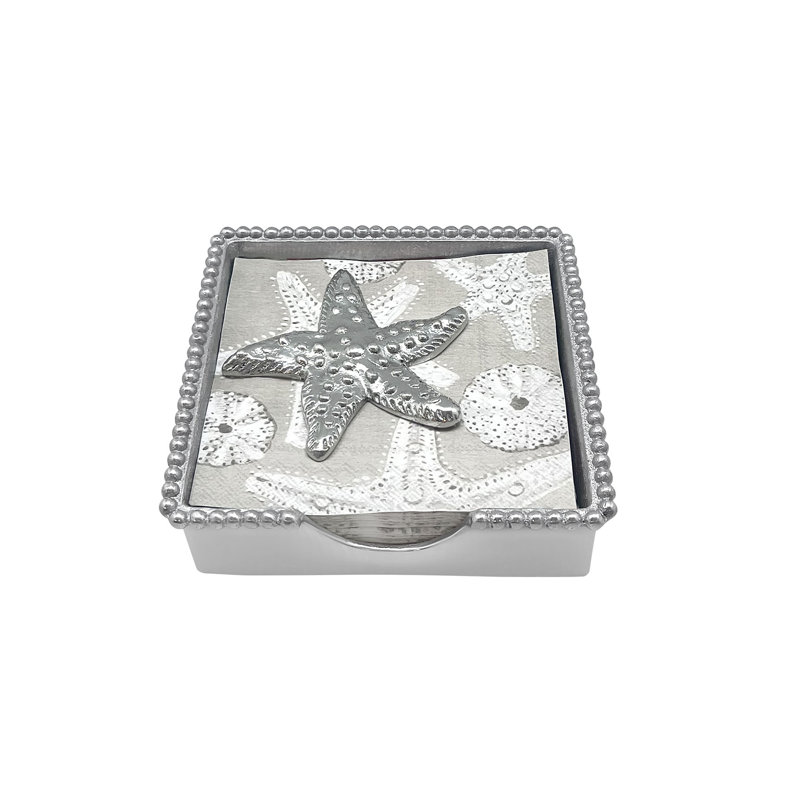 Silver Sea Star Beaded Napkin Box with Aqua Shell Napkins