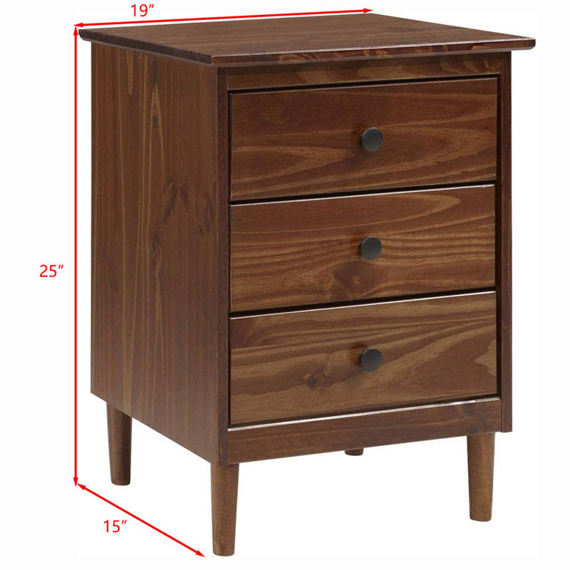 Midcentury Walnut Brown 3-Drawer Solid Wood Nightstand