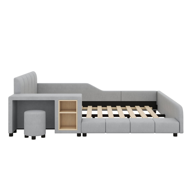 Upholstered Grounded Bed, Mother & Child Bed With Bedside Desk And Little Round Stool, Gray, Queen