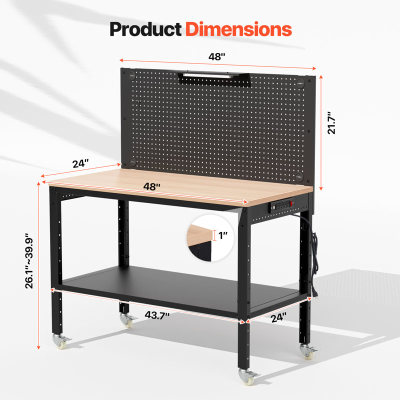 Établi à hauteur réglable de 48 po pour table de travail de garage avec tablette sous le comptoir et panneau perforé, banc de travail en bois robuste à charge maximale de 2000 lb avec prise de courant pour commercial, atelier, bureau, maison