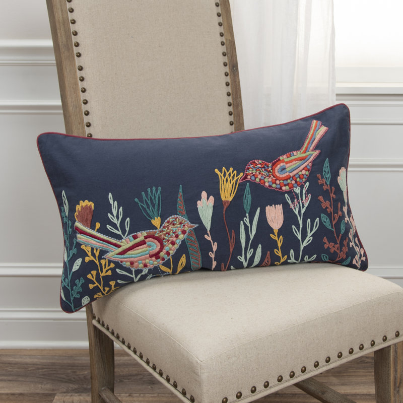 Navy Blue Embroidered Botanical Birds Lumbar Pillow