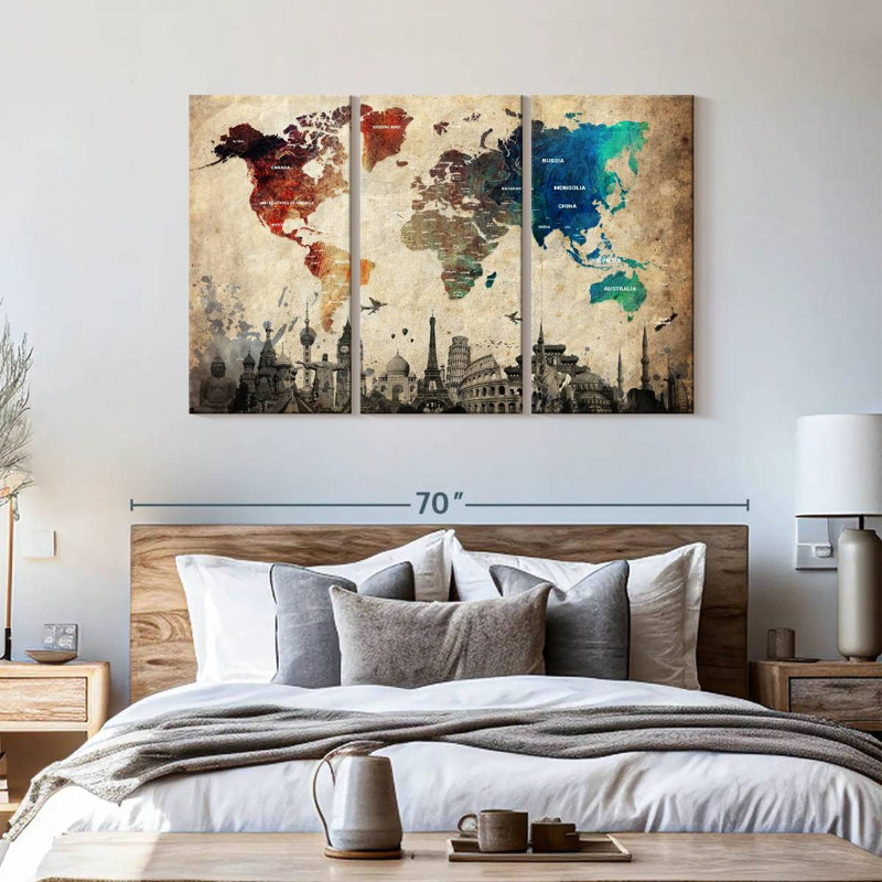 Abalone coloré, ensemble de 3 cartes du monde sur toile, H 36 po x l 57 po x P 1,25 po