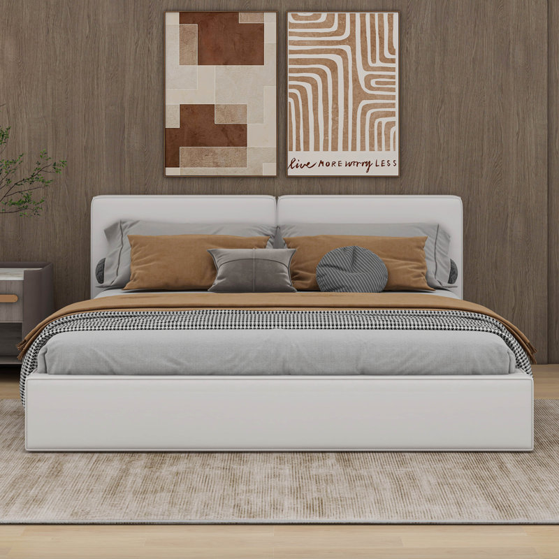 Grand lit tapissier au sol en velours, Beige