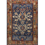 Antique Caucasian Bidjov Small Scatter Size Wool Blue Rug
