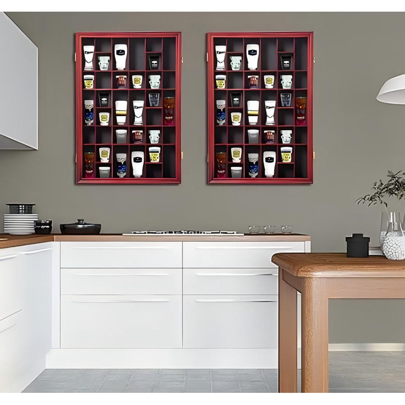36 Slots Shot Glass Display Case With Lockable Door, Solid Wood Cabinet Collection Holder Wall Mounted Shot Glass Display Storage Box With Removable Shelves