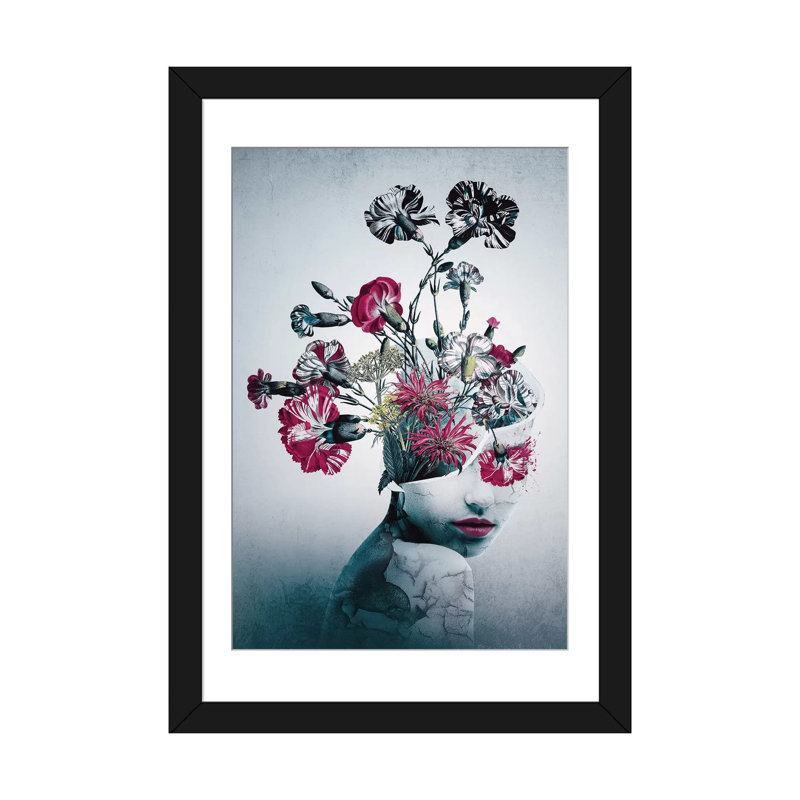 Esprit de fleurs Riza Peker, Blanc, Papier d'art encadré noir, H 32 po x l 24 po x P 1 po