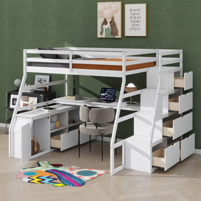 Lit mezzanine double avec 7 tiroirs, 2 tablettes et un bureau