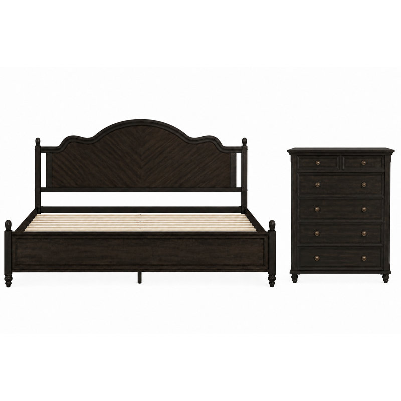 Ensemble de chambre à coucher Aubel, Queen, 2 Pcs: Bed, Chest, Noir rétro