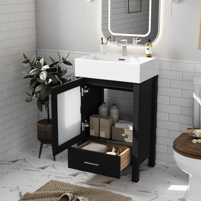  Meuble-lavabo compact de 20 po avec évier en céramique, armoire de rangement compacte avec porte à fermeture en douceur, idéal pour les petites salles de bain, noir