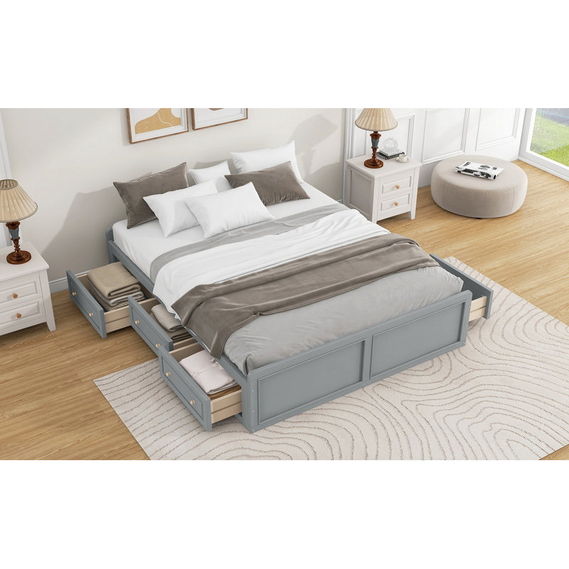 Structure de lit plateforme en bois avec 6 tiroirs, gris