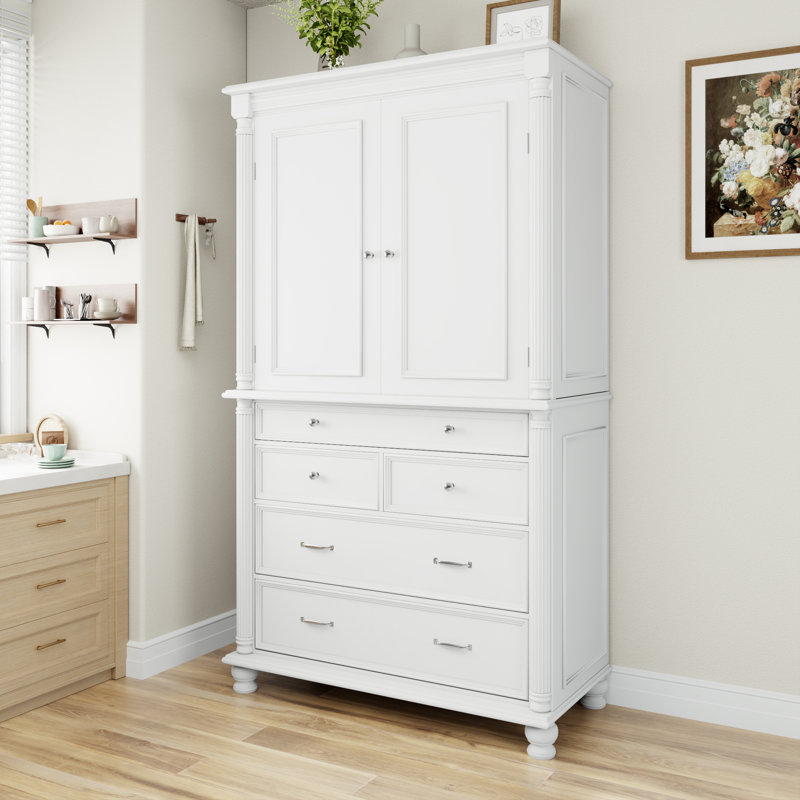 Grand garde-manger autoportant avec 6 tablettes de porte, 2 tablettes réglables et 5 tiroirs, White
