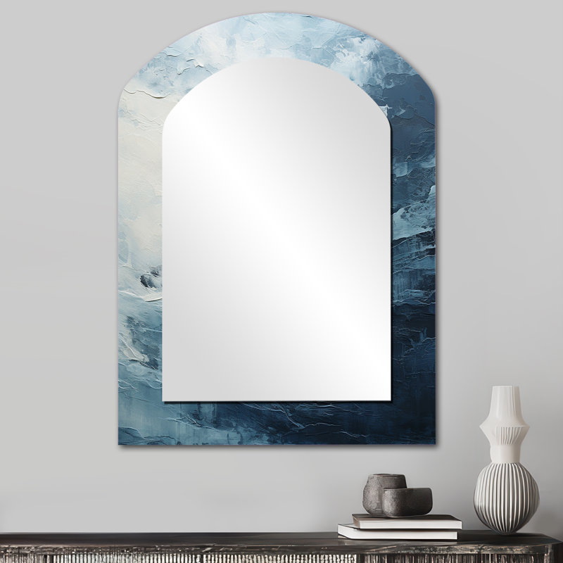 Minimalisme noir et bleu peinture vague - miroir mural arche côtière, miroir décoratif asymétrique bleu, impression d'art en métal