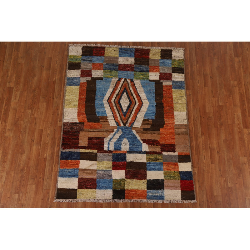 Tapis bleu / brun / ivoire en laine noué à la main de conception unique 4 pi 11 po x 6 pi 6 po New Age