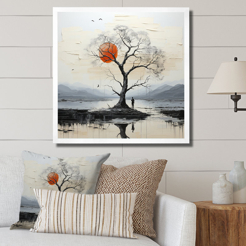 «Grey Red Minimalisme Tree Solitude III», reproduction sur toile, H 36 po x l 36 po x P 1,5 po, Cadre simple blanc