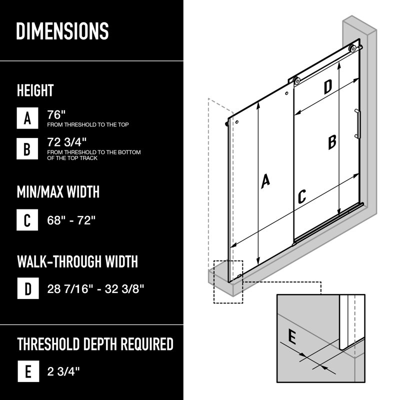 Elan 68-72" W x 76" H Sliding Frameless Shower Door with 3/8" Clear Glass, Matte Black