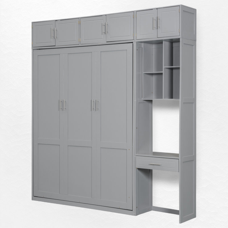 Lit escamotable avec bureau intégré et rangement, Gris, Grand