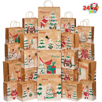 24 sacs en papier kraft de Noël avec sacs à friandises 3 tailles assorties avec poignée pour articles de fête de Noël, emballage des cadeaux de Noël