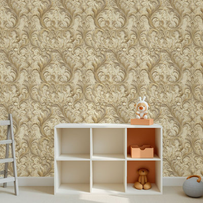 Peel and Stick PVC Wallpaper, Removable Self-Adhesive Wall Covering With Luxury Sage Ivory Damask Print, Waterproof for Home Decor - Roll