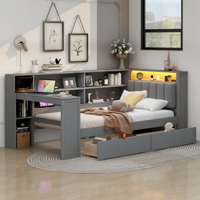 Wood Daybed With Drawers And Desk, Upholstered Headboard, Storage Shelves With Charging Station & Led, Contemporary