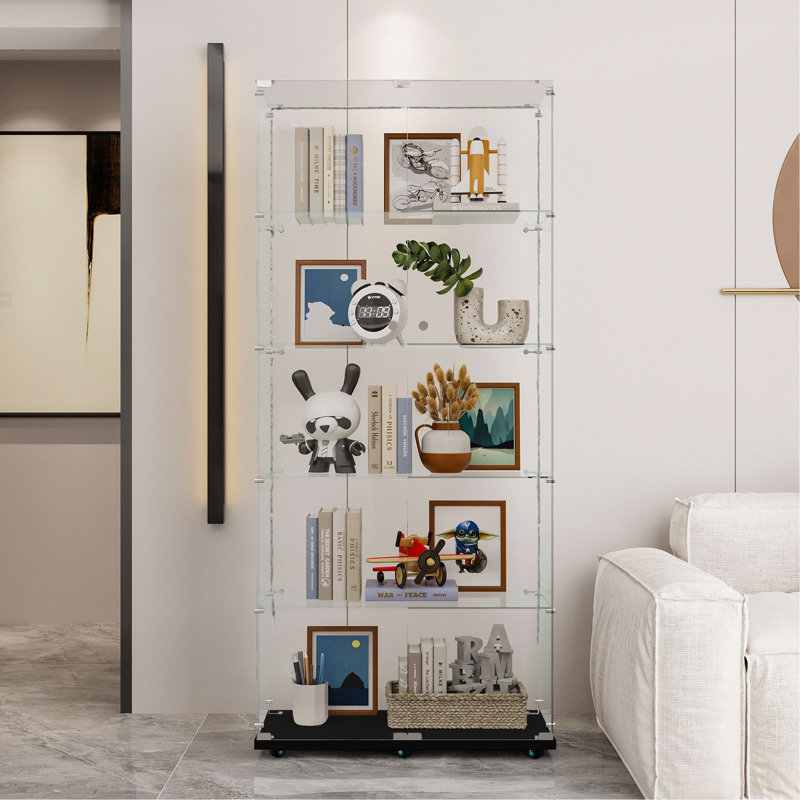 Vitrine en verre trempé, armoire à vin, armoire de rangement, classeur avec bandes lumineuses à DEL Bluetooth, porte verrouillable, plateau en verre trempé, roulettes en bas pour un déplacement facile